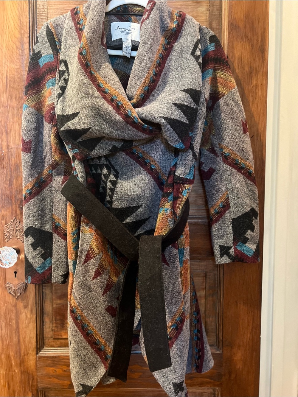 American Rag Gray Multi Tribal-Print Shawl Collar Belted Coat